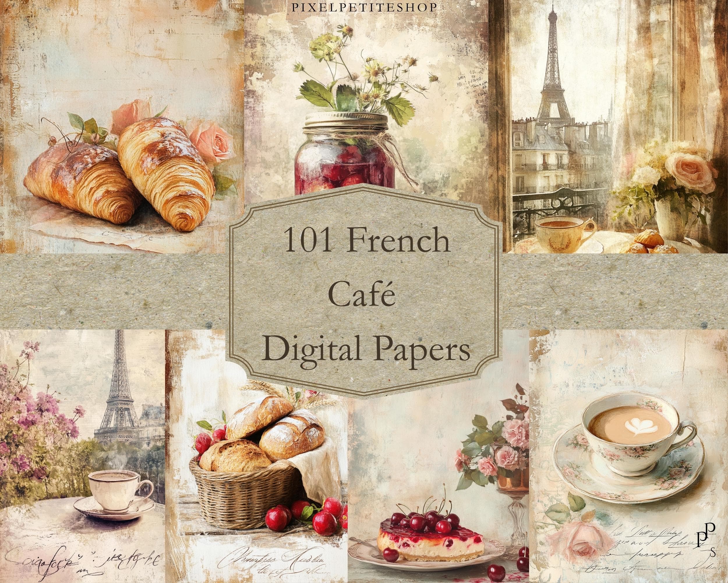 101 French Cafe Digital Paper: Vintage Journal Ephemera (Digital Download)