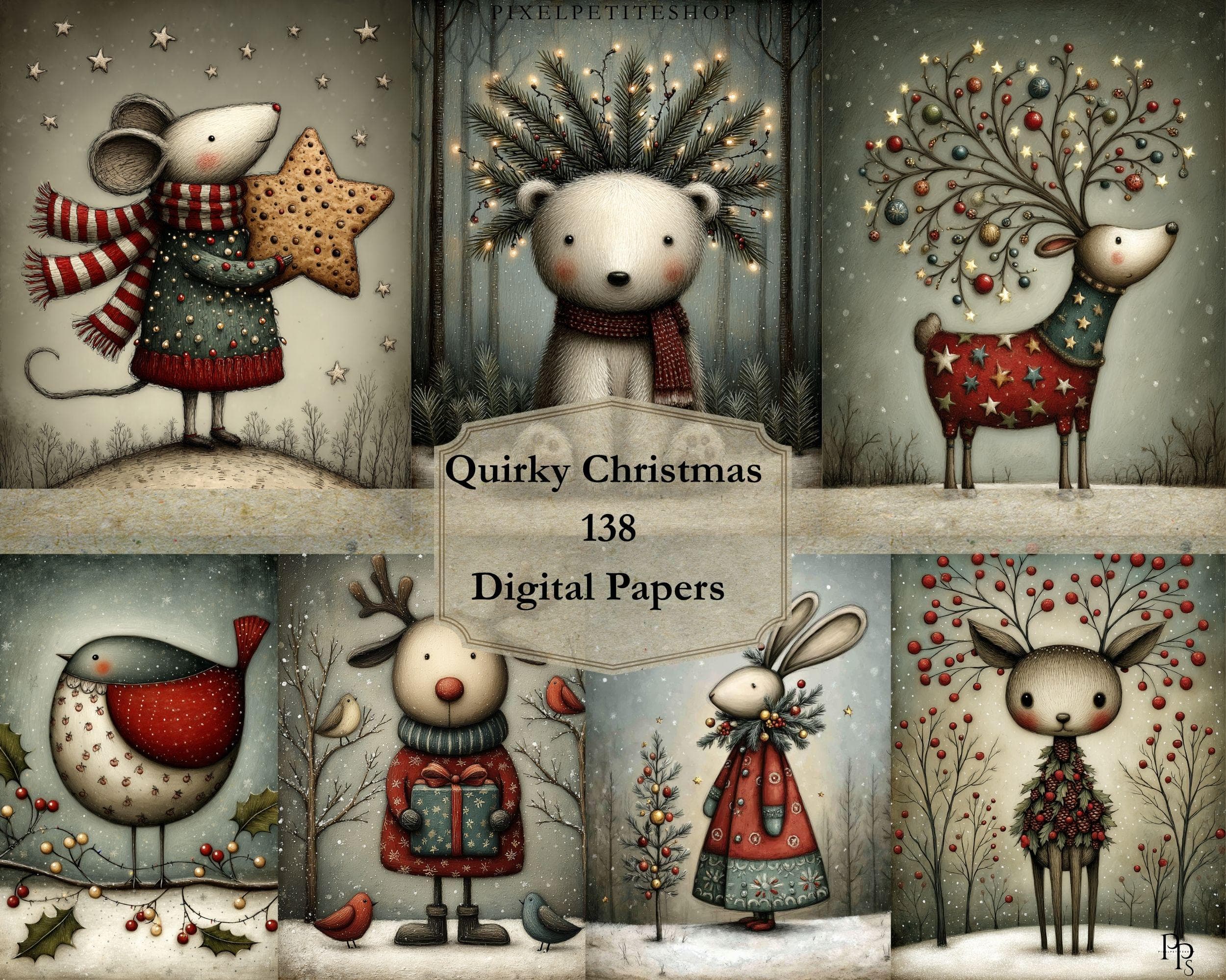 Christmas Quirky Animal Friends Junk Journal Pages – 138 Watercolor Digital Papers, Whimsical Winter