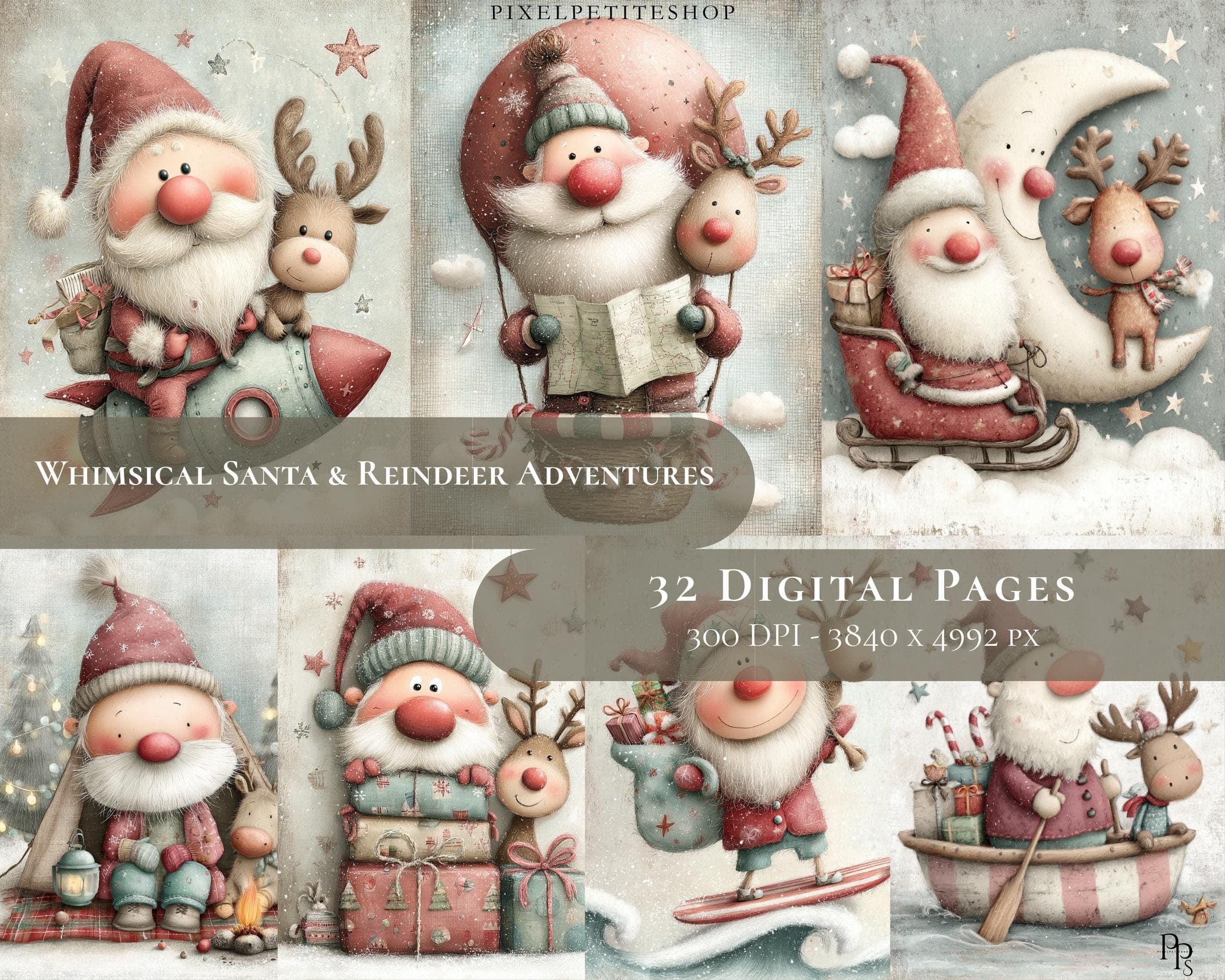 32 Digital Pages of Whimsical Santa and Reindeer Adventures