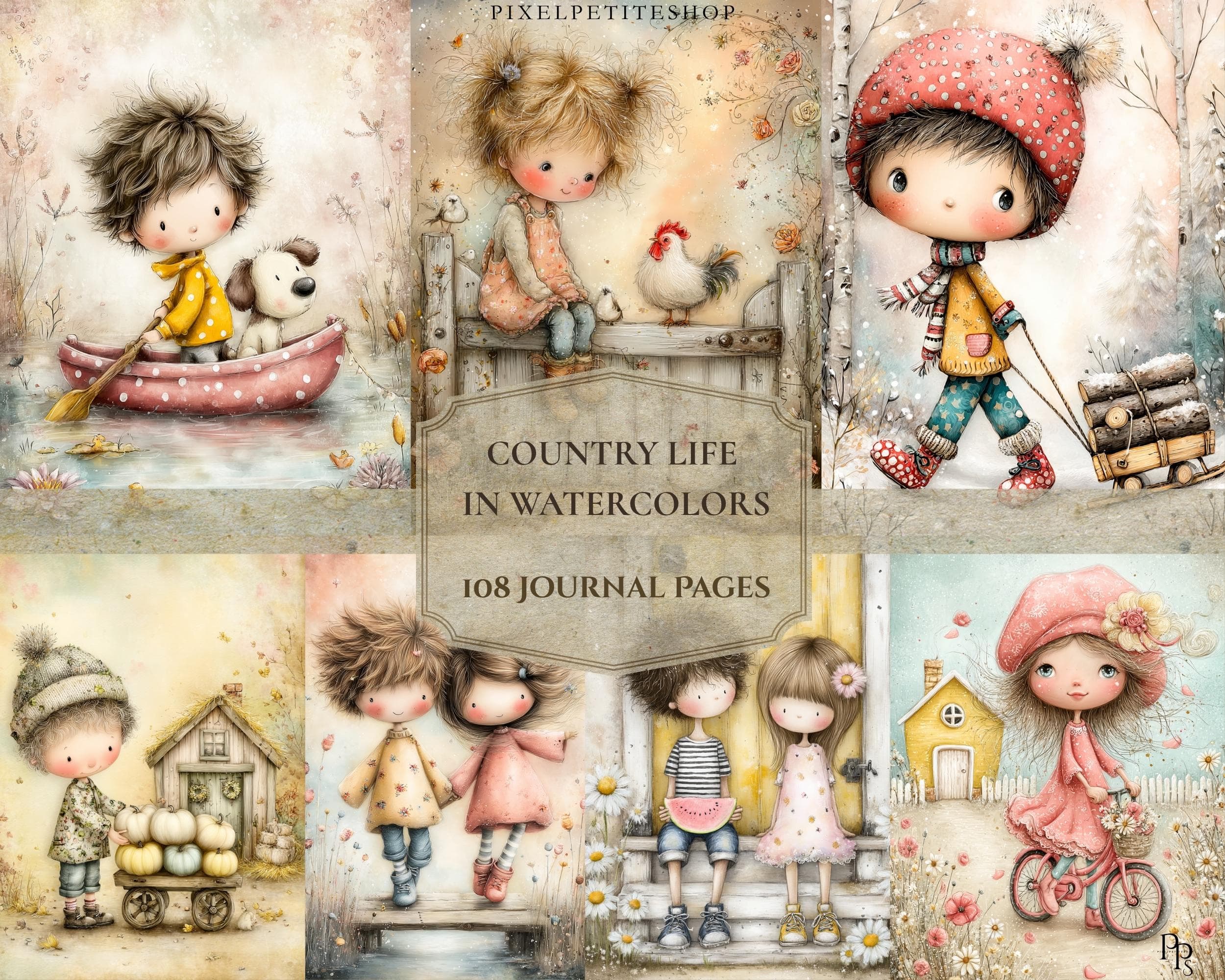 108 Vintage Country Life Watercolor Illustrations for Junk Journals (Digital Download)