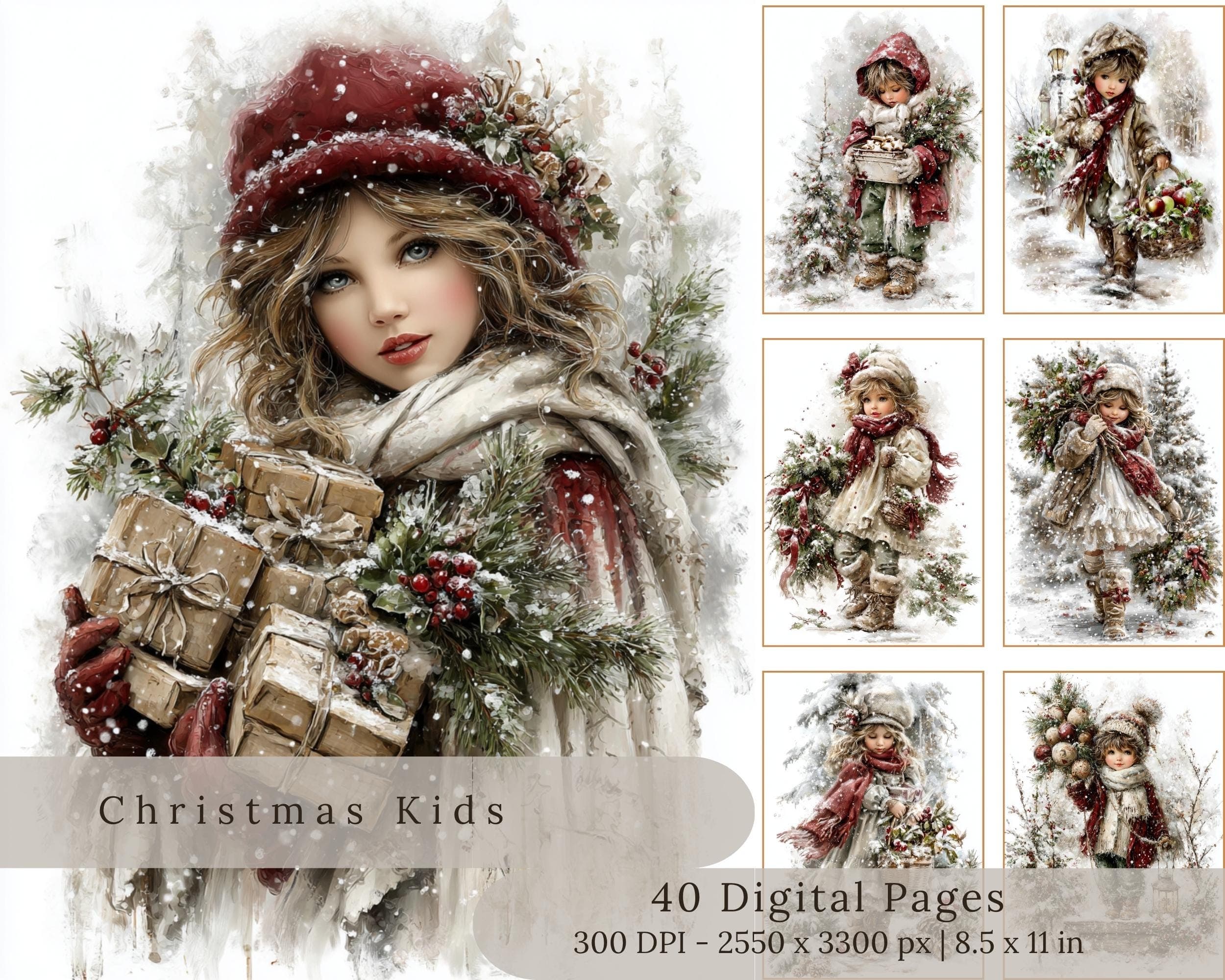 Winter Kids Junk Journal Pages | Vintage Christmas Children Bundle (Digital Download)
